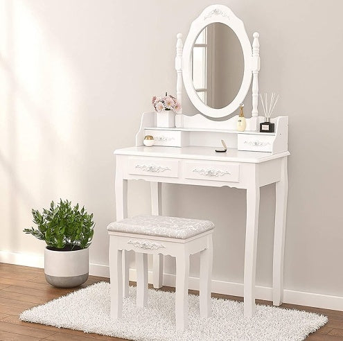 Royal vanity Table Set With 4 Drawer, Makeup Dressing Table W Cushioned Stool, Girls Women Bedroom Furniture Set Oval Mirror