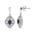 Load image into Gallery viewer, .925 Sterling Silver 6x4 MM Oval Blue Sapphire and White Diamond Accent Art Deco Style Shield Dangle Earring (I-J Color, I3 Clarity)