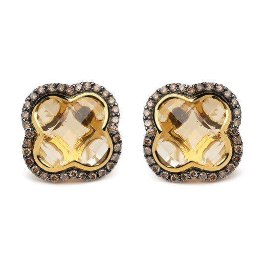 18K Yellow Gold 1/2 Cttw Brown Diamond and 11x11mm Clover-Cut Yellow Citrine Gemstone Clover Halo Stud Earrings (Brown Color, SI1-SI2 Clarity)