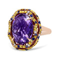 Load image into Gallery viewer, 18K Yellow and Rose Gold Claw Prong Set Checkerboard Cut Purple Amethyst, Blue & Yellow Sapphire, Diamond Accent Cocktail Ring Band (F-G Color, VS1-VS2 Clarity)