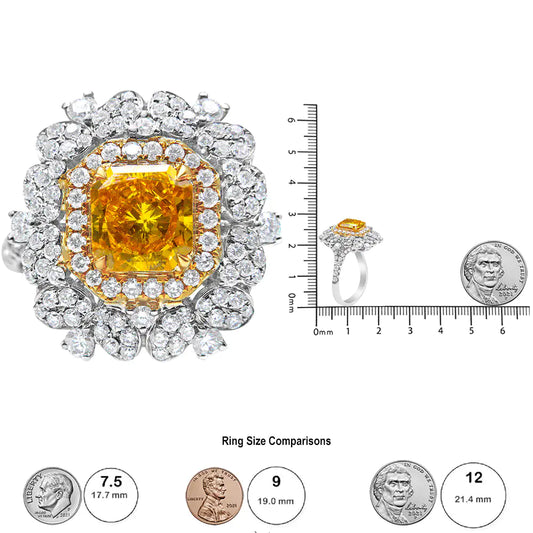 18k Yellow and White Gold 2 3/4 Cttw Lab Grown Yellow Radiant Cut Diamond Halo Cluster Ring (Yellow/G-H Color, VS1-VS2 Clarity)