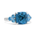Load image into Gallery viewer, 18K White Gold 10mm Cushion Shaped Blue Topaz and 1/6 Cttw Diamond 3 Stone Style Ring (F-G Color, VS1-VS2 Clarity)