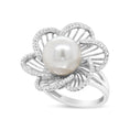 Load image into Gallery viewer, 14K White Gold 11mm Round Pearl and 1/3 Cttw Round Diamond Openwork Flower Blossom Ring (H-I Color, VS1-VS2 Clarity)