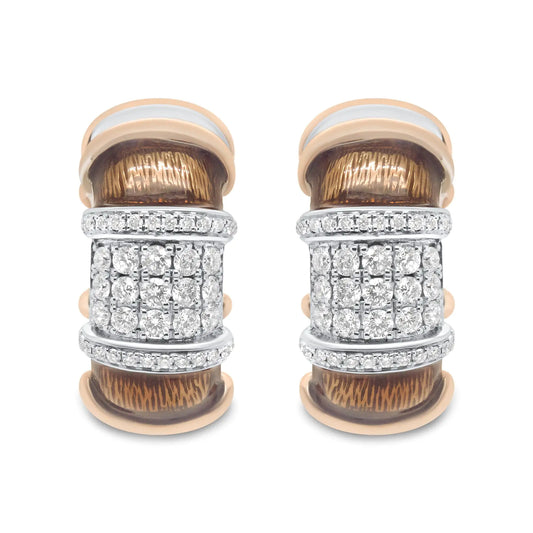 18K White and Rose Gold Flash Plated .925 Sterling Silver Clear Brown Enamel 1/6 Cttw Round Diamond Huggie Hoop Earrings (F-G Color, VS1-VS2 Clarity)