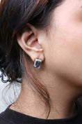 Load image into Gallery viewer, 18K White Gold 3/4 Cttw Round Diamond and 13x9mm Emerald Cut Blue Aquamarine Gemstone Halo Omega Stud Earrings (G-H Color, SI1-SI2 Clarity)