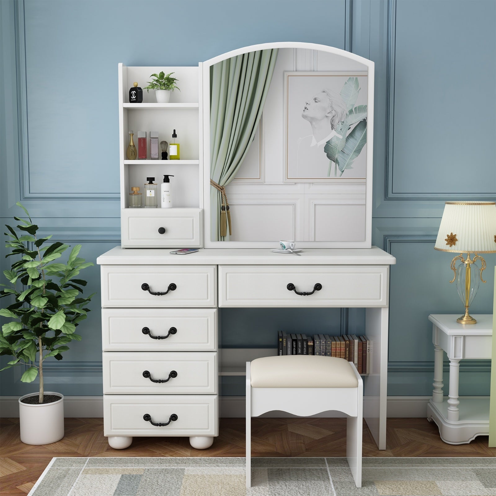 Elegant Royal Vanity Desk With Mirror & Lights, Makeup Table Set