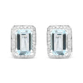 Load image into Gallery viewer, 18K White Gold 3/4 Cttw Round Diamond and 13x9mm Emerald Cut Blue Aquamarine Gemstone Halo Omega Stud Earrings (G-H Color, SI1-SI2 Clarity)
