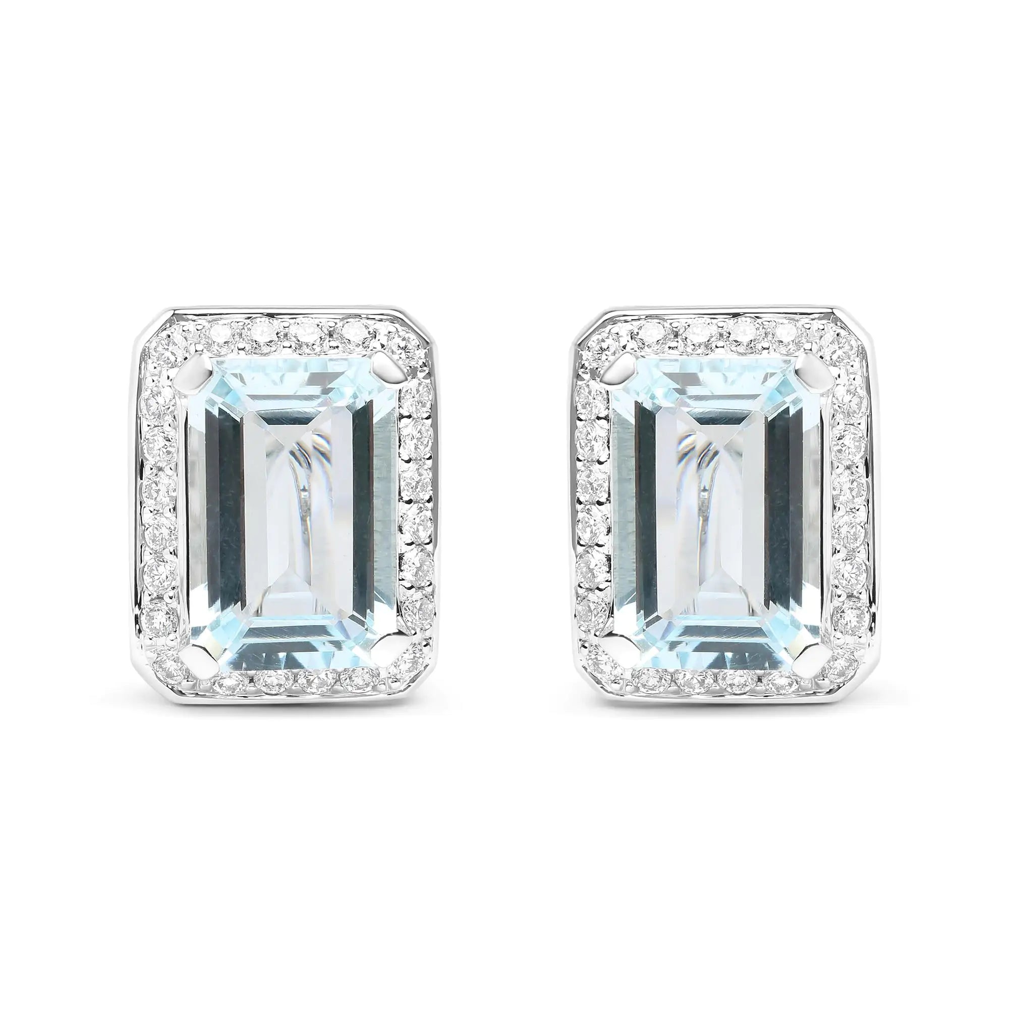 18K White Gold 3/4 Cttw Round Diamond and 13x9mm Emerald Cut Blue Aquamarine Gemstone Halo Omega Stud Earrings (G-H Color, SI1-SI2 Clarity)