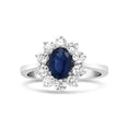Load image into Gallery viewer, 18K White Gold 7x5 mm Oval Cut Blue Sapphire and Round Diamond 3/4 Cttw Sunburst Halo Ring (F-G Color, VS1-VS2 Clarity)
