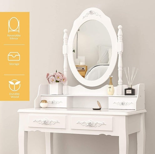 Royal vanity Table Set With 4 Drawer, Makeup Dressing Table W  Cushioned Stool, Girls Women Bedroom Furniture Set Oval Mirror