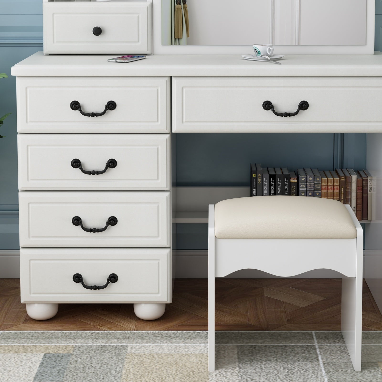 Elegant Royal Vanity Desk With Mirror & Lights, Makeup Table Set