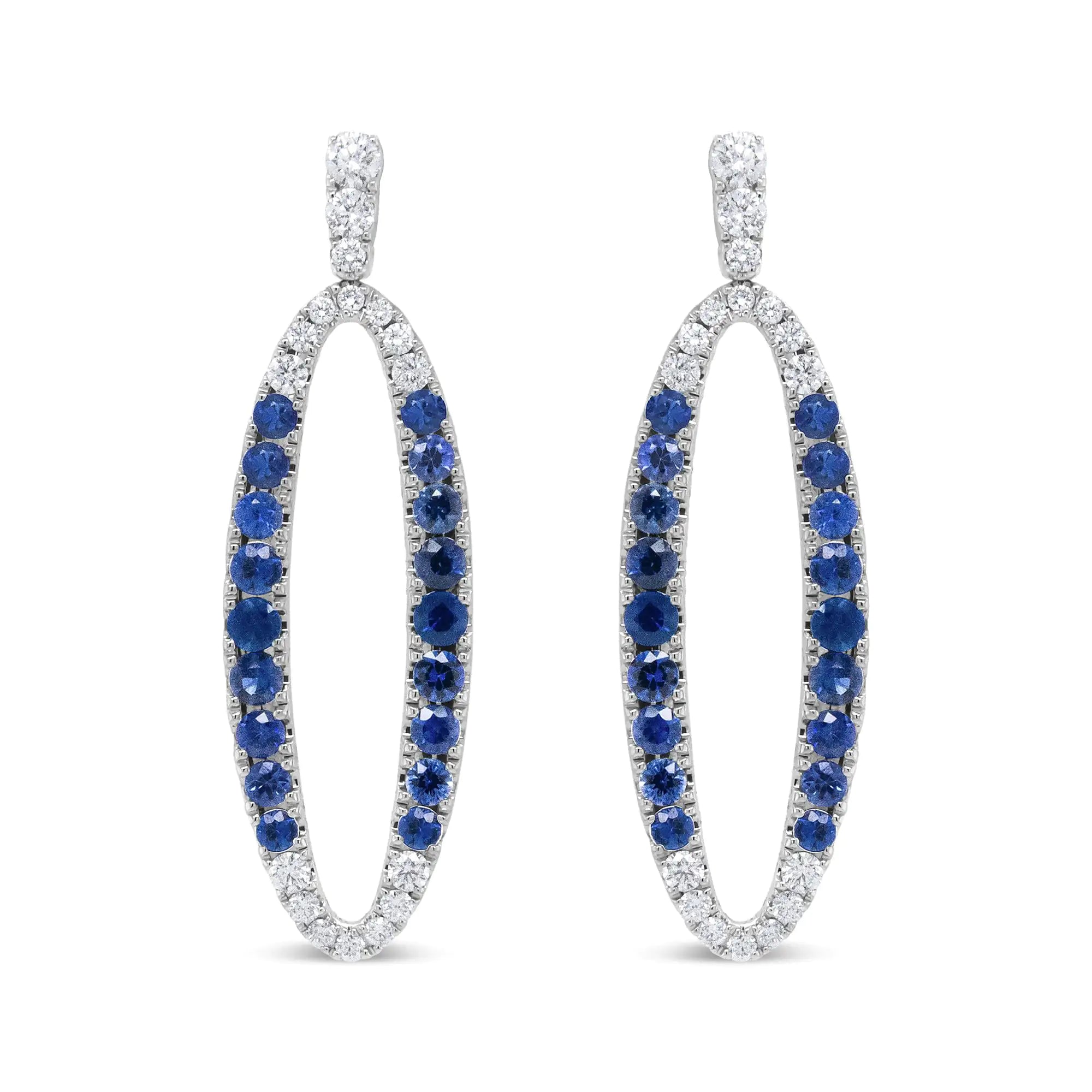 18K White Gold 1.11 Cttw Blue Round Diamond and Blue Sapphire Openwork Oval Shaped Dangle Earrings (F-G Color, VS1-VS2 Clarity)