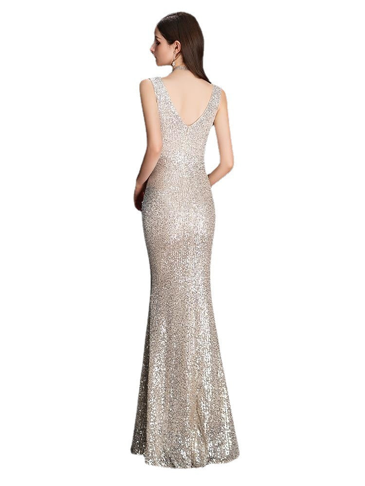 Women's Spring Royal Diamond Silver Sequined Fishtail Slim Sexy Evening Dress Dress
