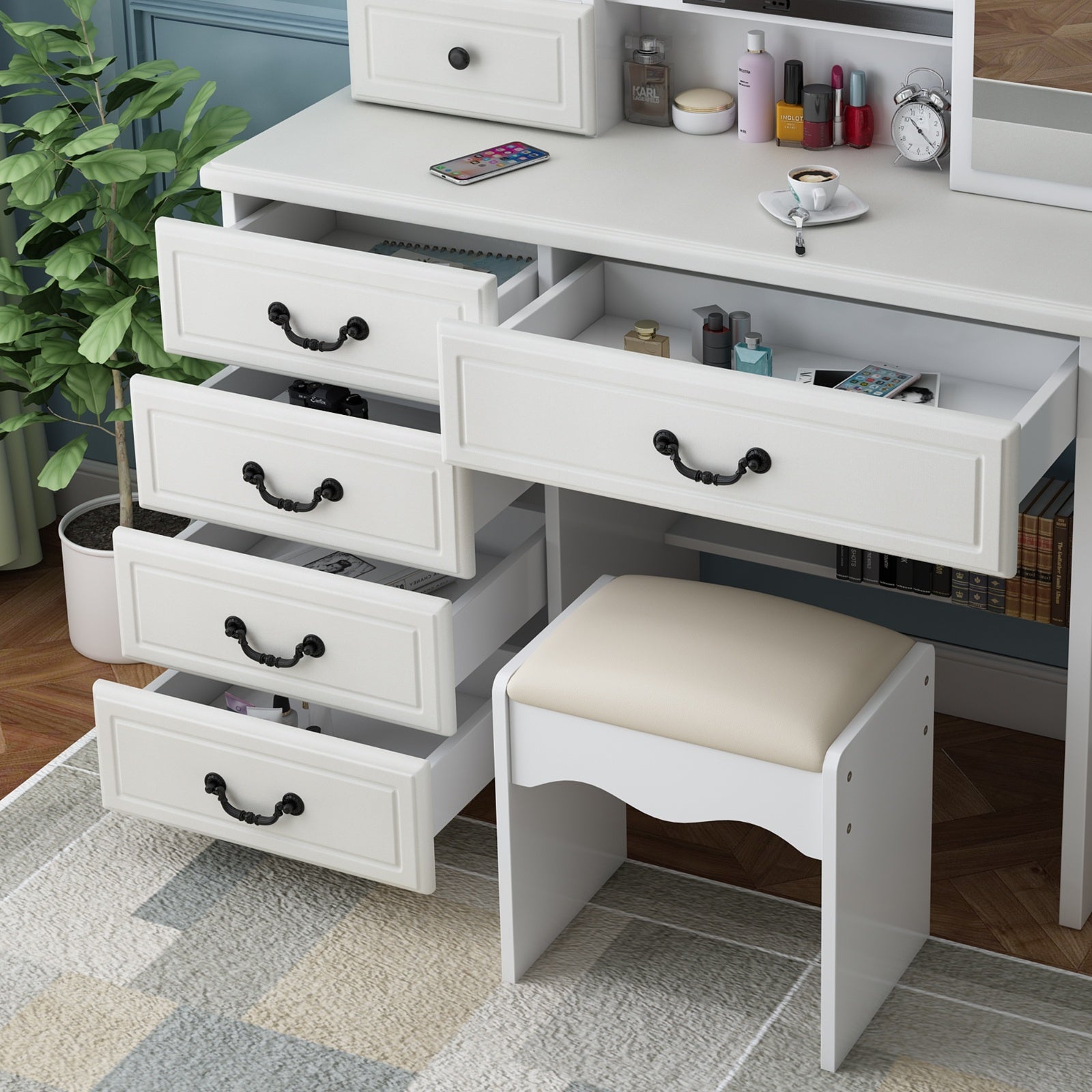 Elegant Royal Vanity Desk With Mirror & Lights, Makeup Table Set