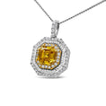 Load image into Gallery viewer, 18K White and Yellow Gold 2 1/4 Cttw Lab Grown Yellow Asscher Cut Diamond Art Deco Style Halo 18" Pendant Necklace (Yellow/G-H Color, VS1-VS2 Clarity)
