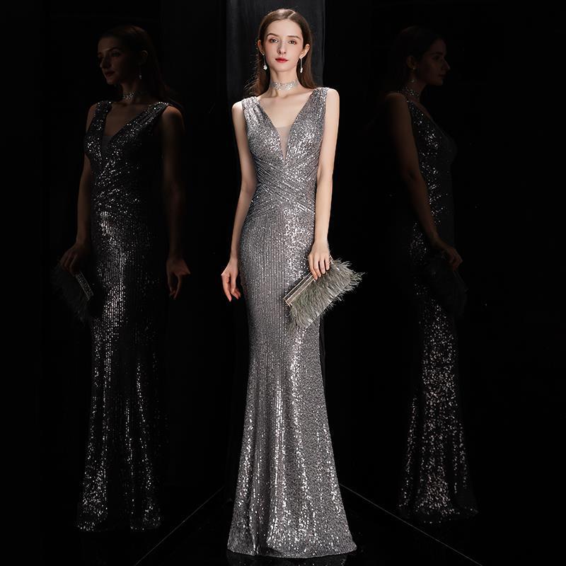 Women's Spring Royal Diamond Silver Sequined Fishtail Slim Sexy Evening Dress Dress