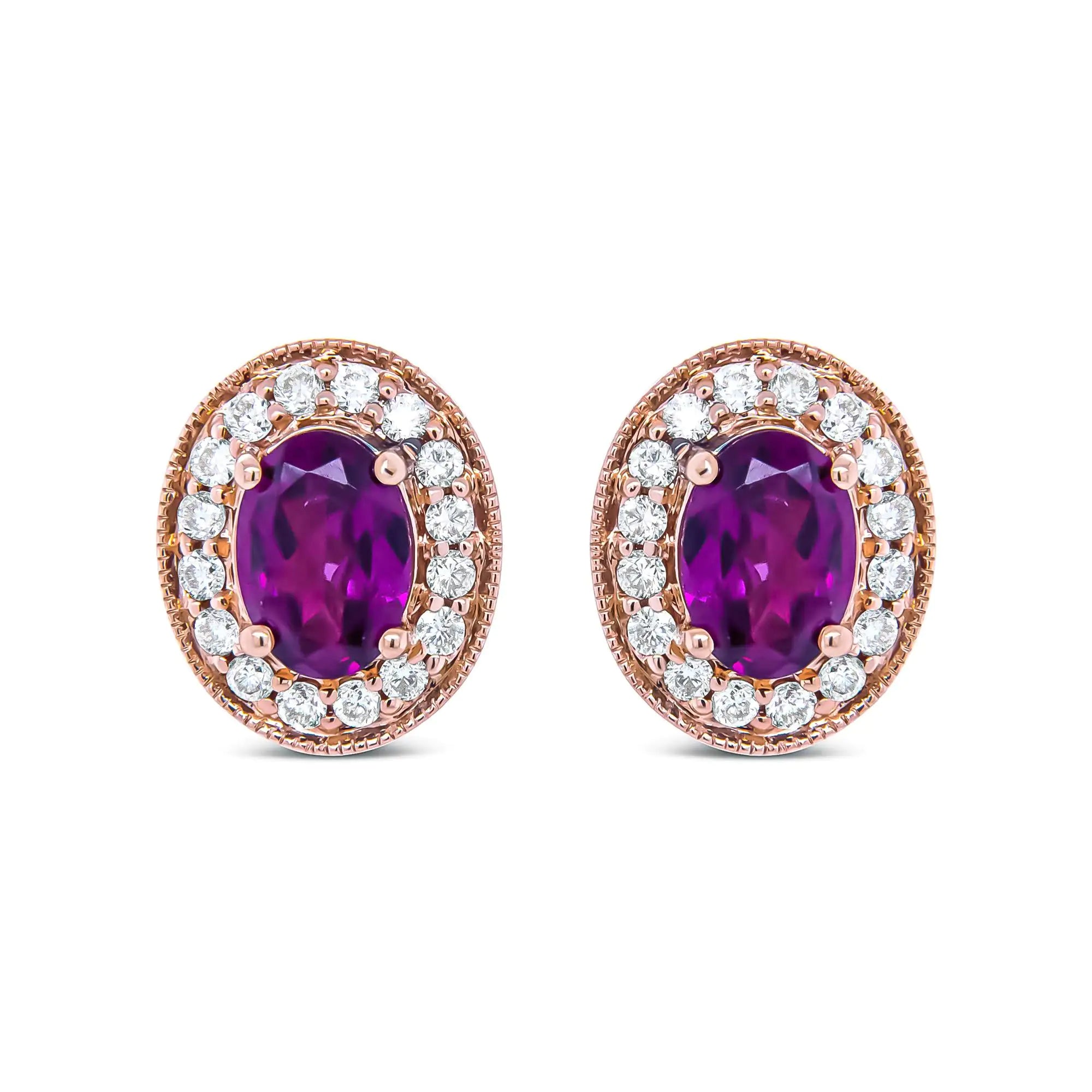14K Rose Gold 7x5mm Oval Cut Garnet and 3/8 Cttw Round Diamond Halo Stud Earrings (G-H Color, SI1-SI2 Clarity)