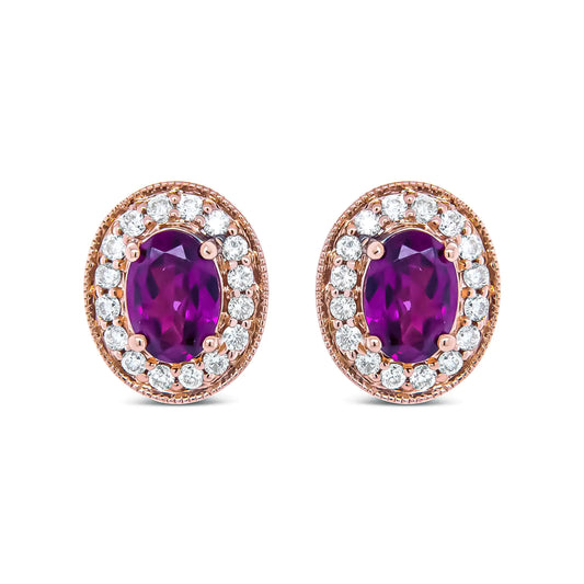 14K Rose Gold 7x5mm Oval Cut Garnet and 3/8 Cttw Round Diamond Halo Stud Earrings (G-H Color, SI1-SI2 Clarity)