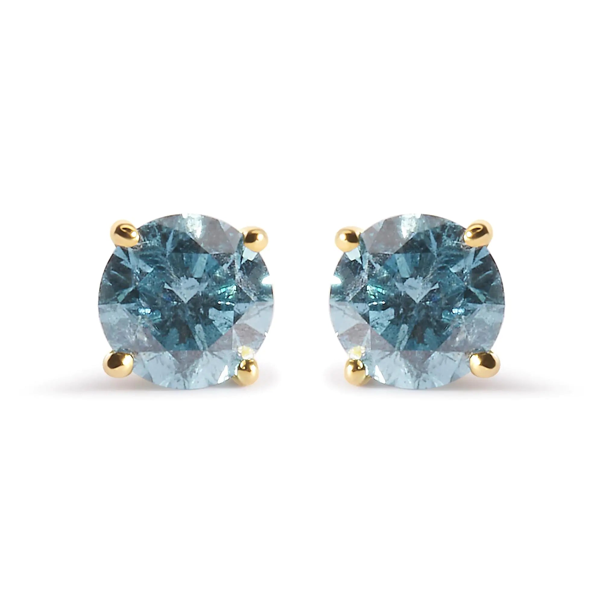 14K Yellow Gold 1.0 Cttw Treated Aqua Blue Diamond Classic Solitaire Stud Earrings (Aqua Blue Color, I2-I3 Clarity)