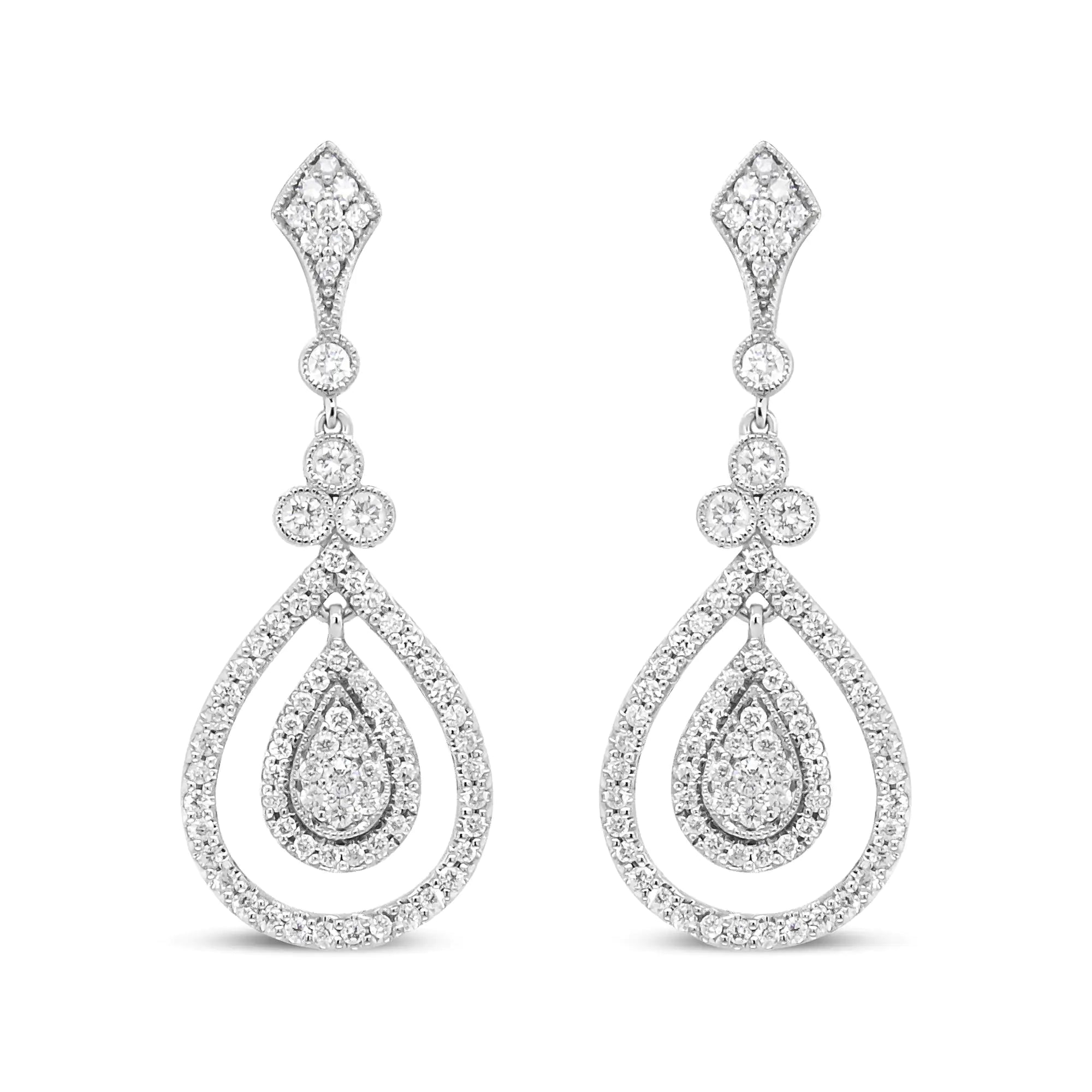 18K White Gold 1 1/4 Cttw Round Diamond Openwork Teardrop-Shaped Dangle Earrings (F-G Color, VS1-VS2 Clarity)