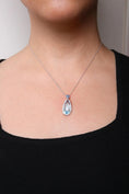Load image into Gallery viewer, 18K White Gold 3/8 Cttw Pave Set Diamond and Sky Blue Topaz and Blue Sapphire Gemstone Floral Teardrop Halo 18" Pendant Necklace (G-H Color, SI2-I1 Clarity)
