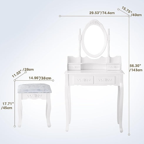 Royal vanity Table Set With 4 Drawer, Makeup Dressing Table W  Cushioned Stool, Girls Women Bedroom Furniture Set Oval Mirror