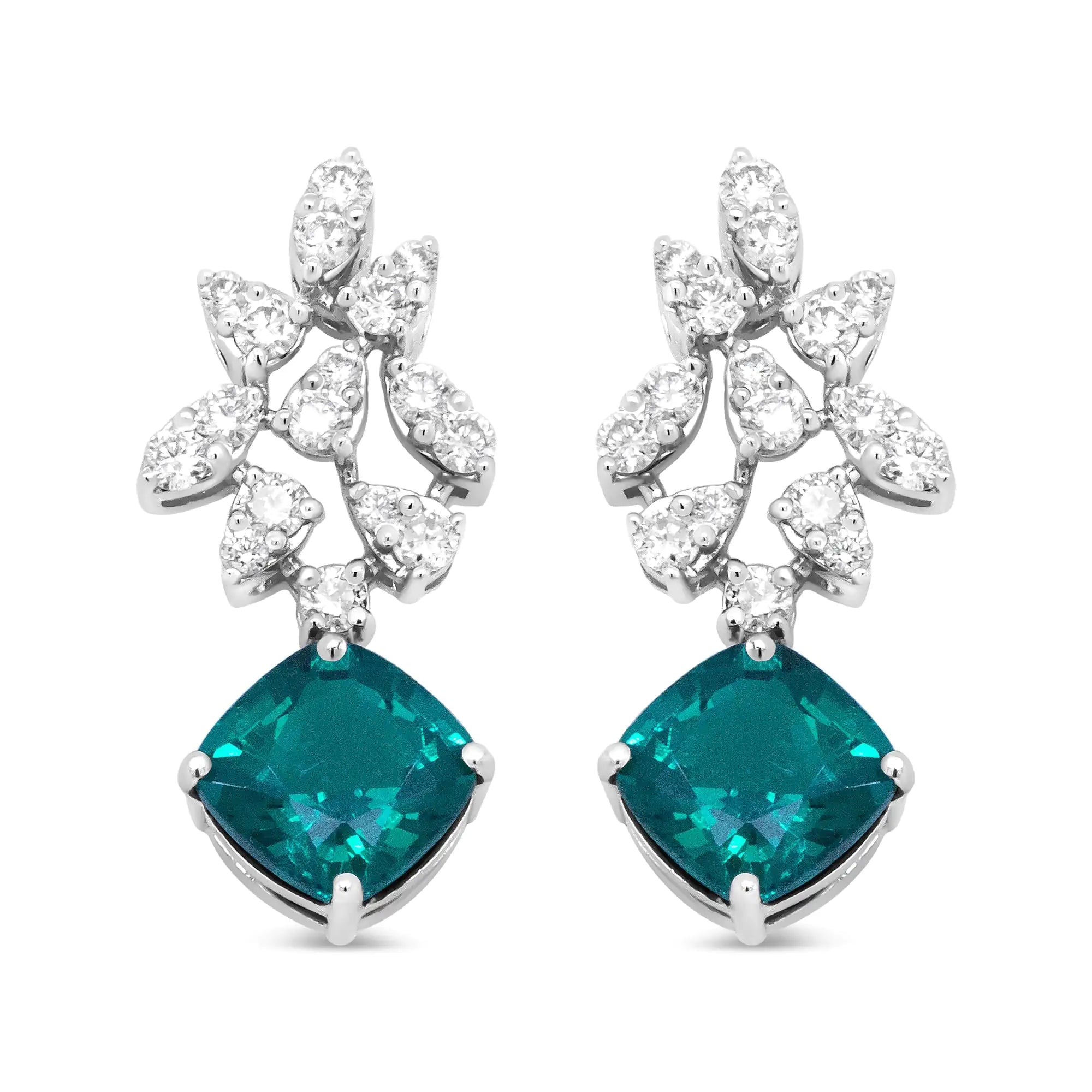 18K White Gold 1 1/10 Cttw Diamond and 7.9 x 7.7mm Green Emerald Drop Earrings (G-H Color, SI1-SI2 Clarity)