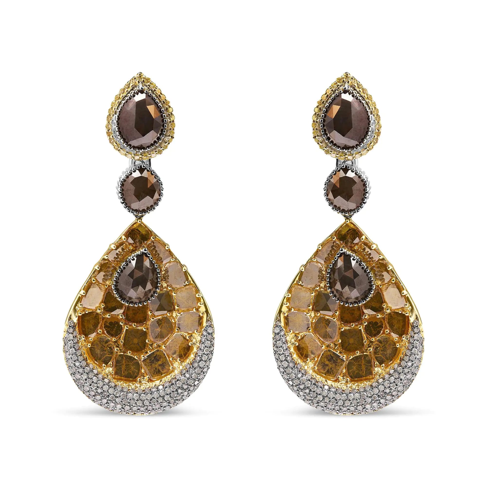 14K White and Yellow Gold 16 1/4 Cttw Fancy Color Rose Cut Diamond Disc Drop Dangle Statement Earrings (Fancy Colors, I2-I3 Clarity)