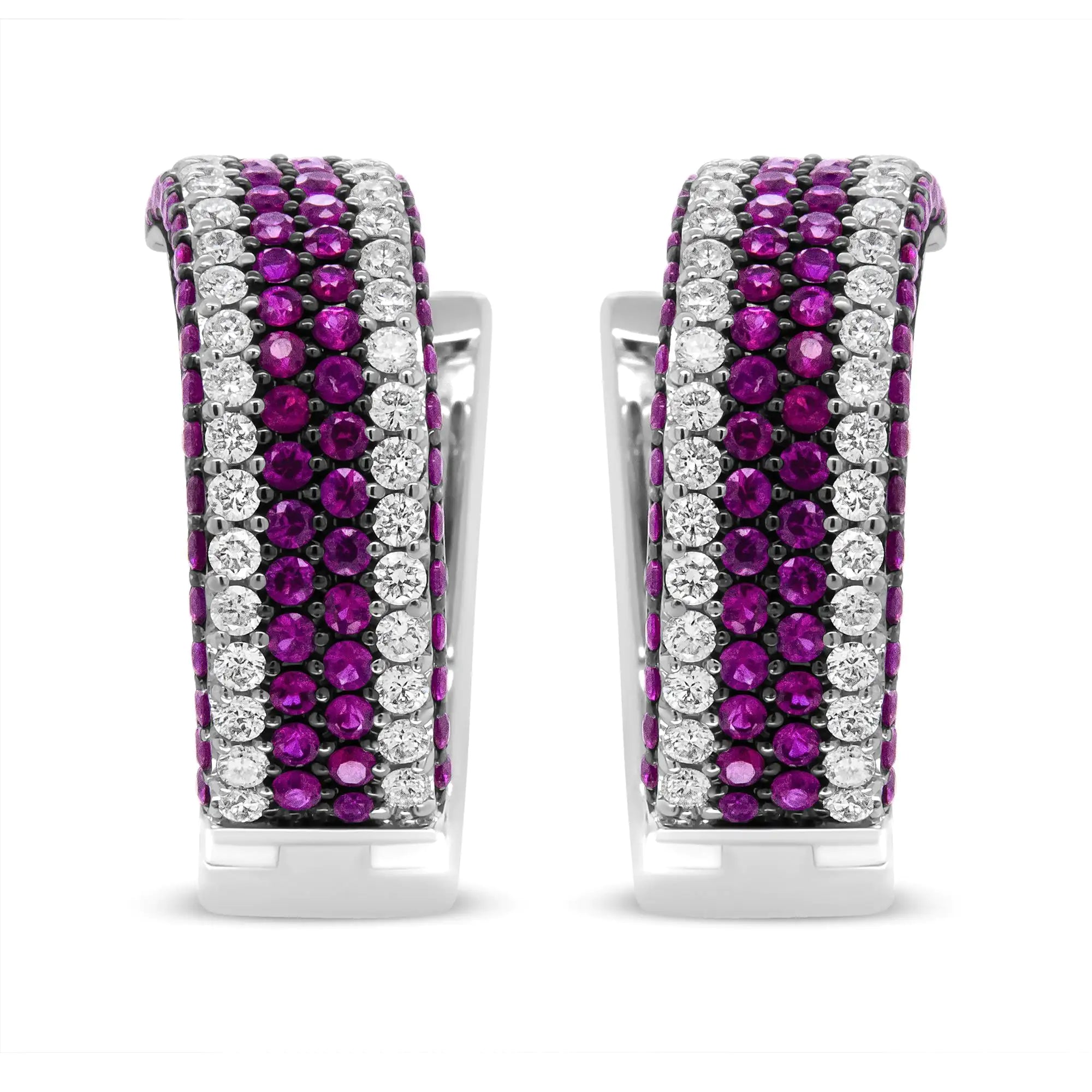 18K White Gold 1 7/8 Cttw Diamond and 1mm Round Red Ruby Open Swish Hoop Earrings (F-G Color, VS1-VS2 Clarity)