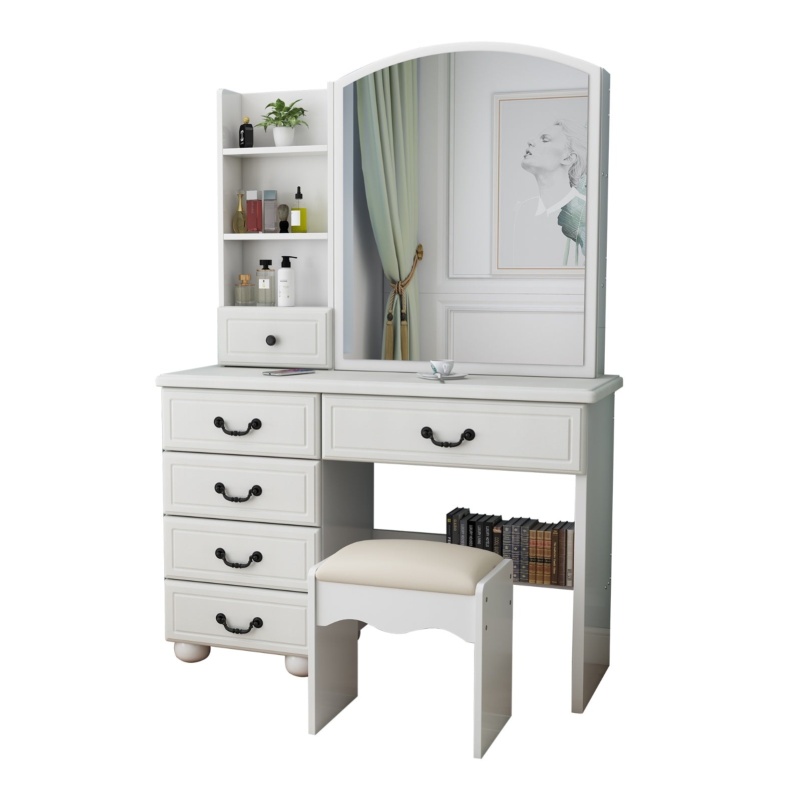 Elegant Royal Vanity Desk With Mirror & Lights, Makeup Table Set
