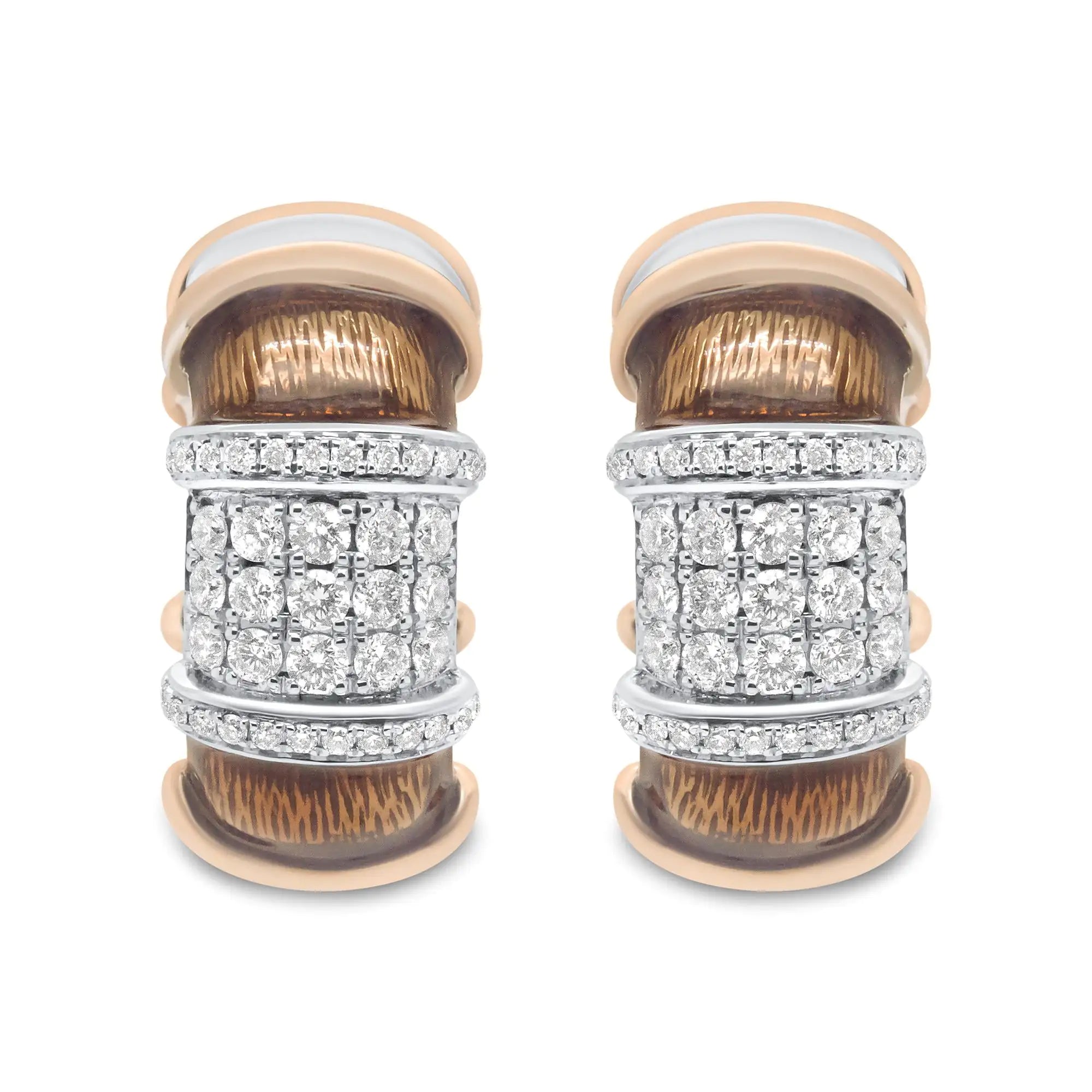 18K White and Rose Gold Flash Plated .925 Sterling Silver Clear Brown Enamel 1/6 Cttw Round Diamond Huggie Hoop Earrings (F-G Color, VS1-VS2 Clarity)