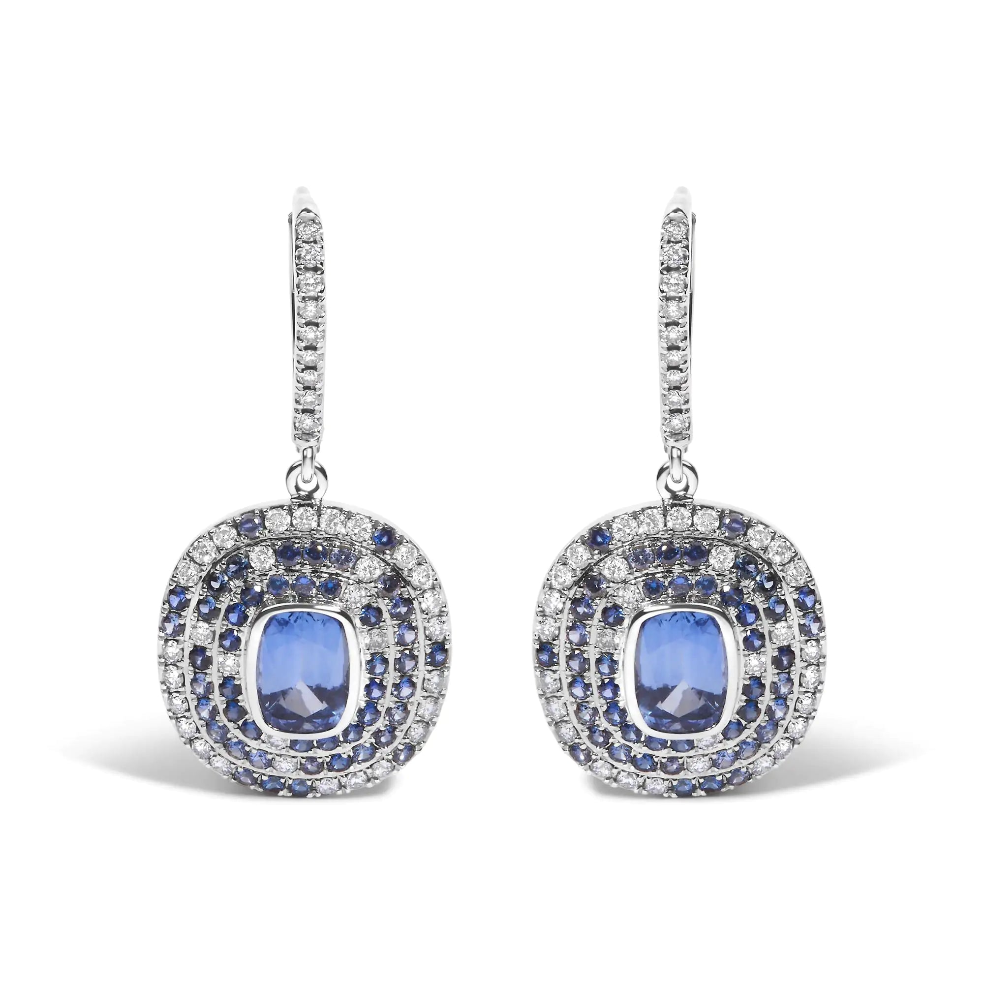 18K White Gold Natural Blue Sapphire and Diamond Scattered Halo Drop and Dangle Leverback Earrings (H-I Color, SI1-SI2 Clarity)